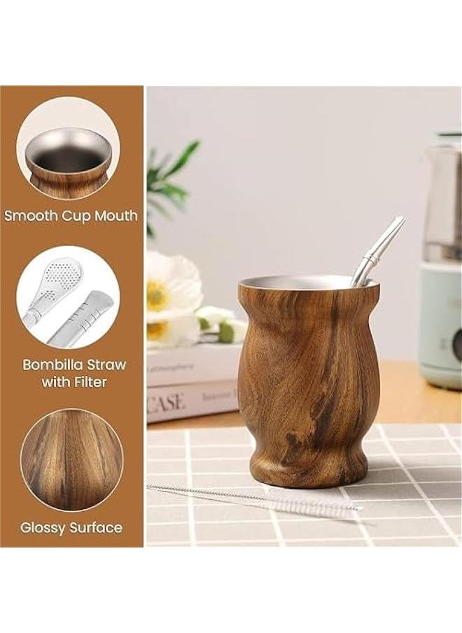 HOOKOR Yerba Mate Tea Cup, 230ml Stainless Steel Yerba Mate Cup Set, Yerba Mate Cup with Spoon Straw and Cleaning Brush, Easy to Clean Mate Cup Set for Drink Tea (Wood Grain)  - Image 3