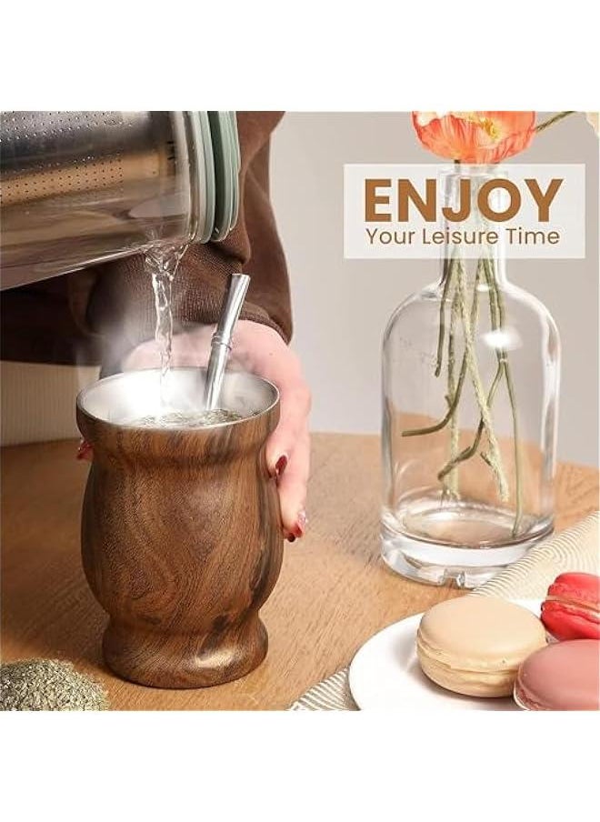 HOOKOR Yerba Mate Tea Cup, 230ml Stainless Steel Yerba Mate Cup Set, Yerba Mate Cup with Spoon Straw and Cleaning Brush, Easy to Clean Mate Cup Set for Drink Tea (Wood Grain)  - Image 5