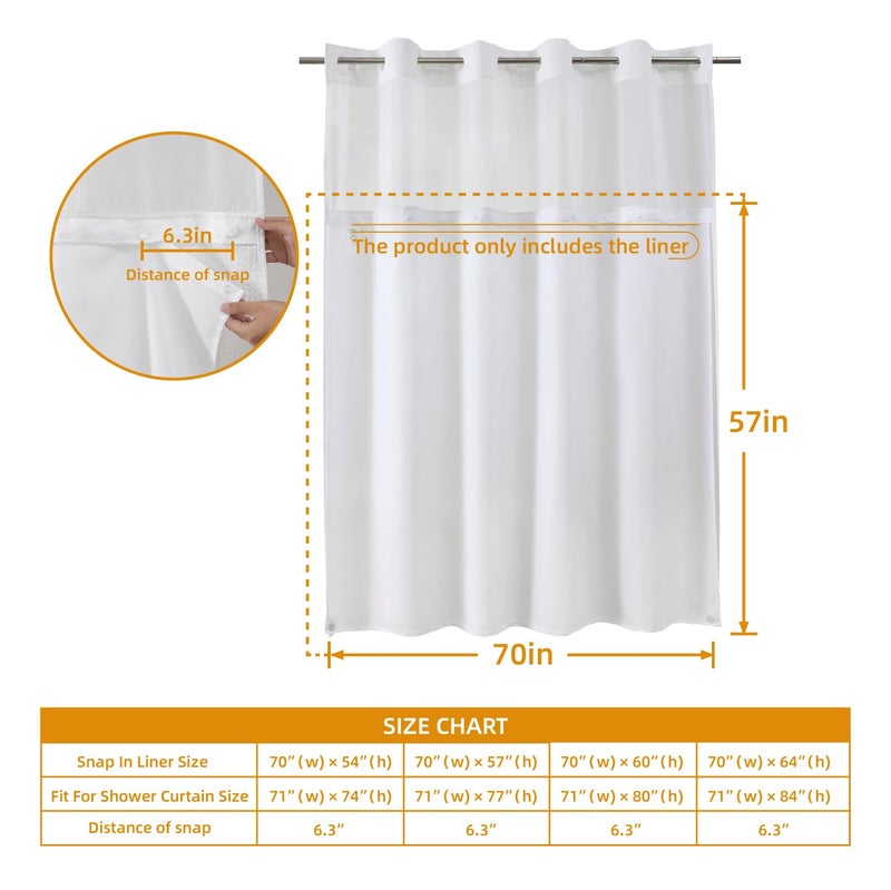 eachope 1 Pack Fabric Snap-in Shower Curtain Liner Replacement,Compatible with No Hook Shower Curtain with Snap in Liner, Removable & Water-Repellent,Machine Washable,70x57,White - Image 2