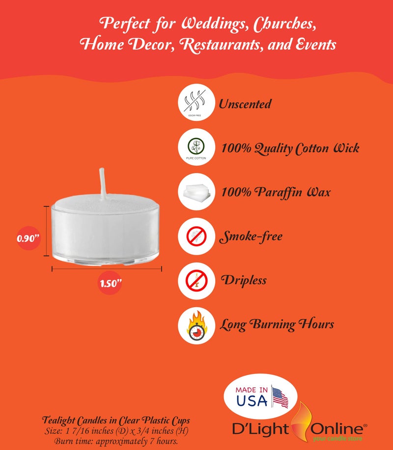 D'Light Online Clear Cupped Extended Burn 7 Hour Long Burn Unscented White Tealight Candles in Clear Plastic Cups Small Candles for Home Decoration, Restaurants and Weddings - Set of 100 - Image 2