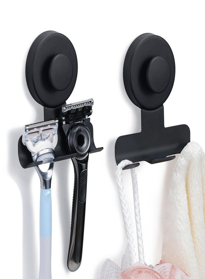 Fenas Suction Cup Razor and Shaver Holder for Shower Wall, Stainless Steel Reusable Suction Hook for Towel and Loofah, Damage-Free Installation (2, Matte Black) - Image 1