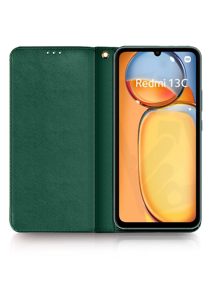 ليشين غطاء حماية أنيق من الجلد الفاخر مع قفل مغناطيسي لهاتف Xiaomi Redmi 13C - أخضر زمردي - Image 2