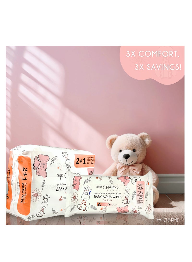 Baby Aqua Wipes, 60 Sheets (2+1 Value Pack)- Gentle Cleansing Formula with Aloe Vera, Water base, Gentle for Newborns, No Harsh Chemicals, Unscented, pH-Balanced, Rash-Free, Hypoallergenic