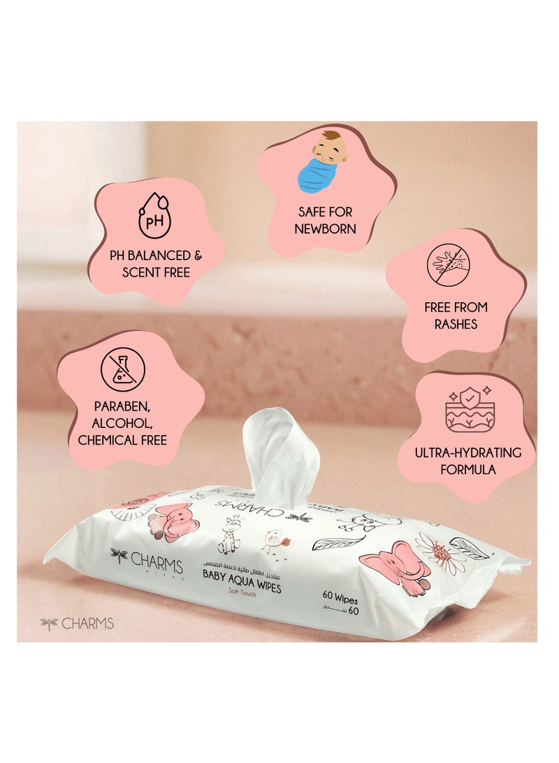 Baby Aqua Wipes, 60 Sheets (2+1 Value Pack)- Gentle Cleansing Formula with Aloe Vera, Water base, Gentle for Newborns, No Harsh Chemicals, Unscented, pH-Balanced, Rash-Free, Hypoallergenic