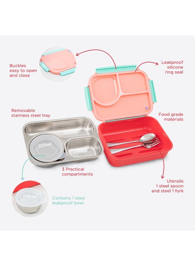Hydrobrew Personalized Steel Core Lunch Box 750ml + 150ml Food Jar w/ cutlery, Stainless Steel, Leakproof - PINK SORBET - Image 3