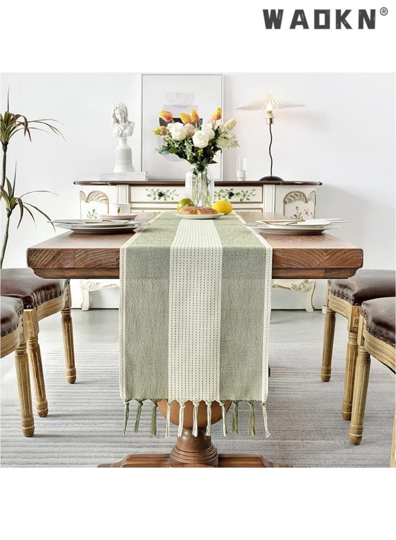 WAOKN Table Runner, 30 * 180 CM Burlap Table Runner for Modern Farmhouse Decor, Natural Cotton Woven Runner with Tassels for Wedding Party Farmhouse Dining Table Decor - Image 4