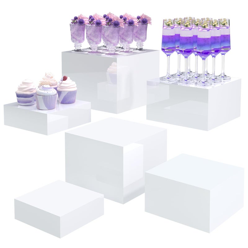 PITBVO Buffet Risers, Food Display Risers for Party, White Acrylic Risers Display Stand for Buffet Table, Catering Displays for Dessert, Cube Box Nesting Riser with Hollow Bottoms (6"x7"x8" 6PCS) - Image 1