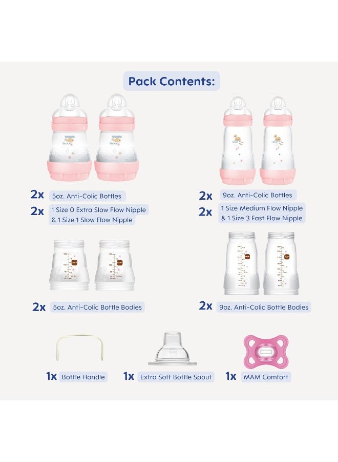 MAM مجموعة هدايا مام للنمو مع الطفل 15 قطعة، حديثي الولادة 0-4 أشهر، زجاجات مضادة للمغص و مصاصة سيليكون سكين سوفت، مستلزمات أساسية للطفل، بنت - Image 2