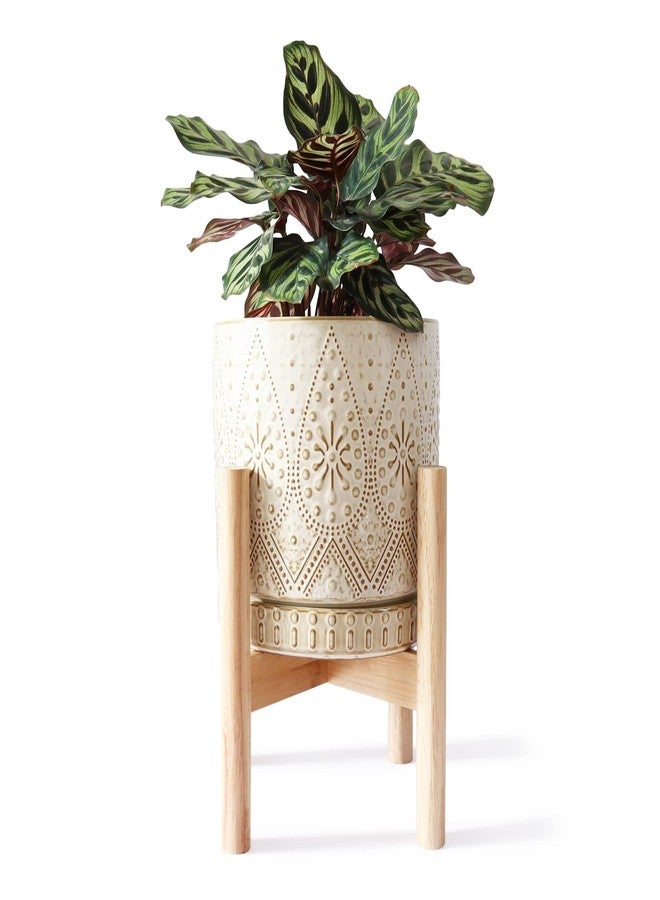 YFFSRJDJ 8 Inch Plant Pot with Stand, Ceramic Planter with Drainage Holes, Saucers and Mesh Pads for Indoor-Outdoor Plants - Image 1