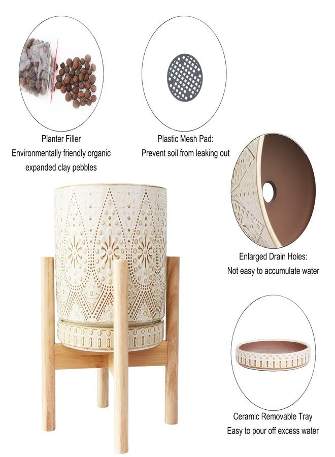 YFFSRJDJ 8 Inch Plant Pot with Stand, Ceramic Planter with Drainage Holes, Saucers and Mesh Pads for Indoor-Outdoor Plants - Image 4