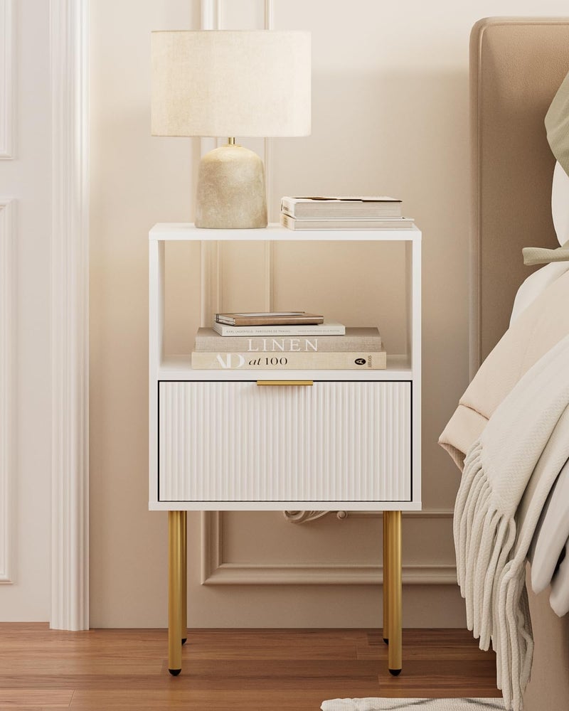 Masupu Night Stand, Mid-Century Bedside Table with Storage Drawer and Open Wood Shelf, Small Gold Frame Flueted Nightstand, Side Table for Bedroom, Living Room, White(Tall 25'') - Image 4