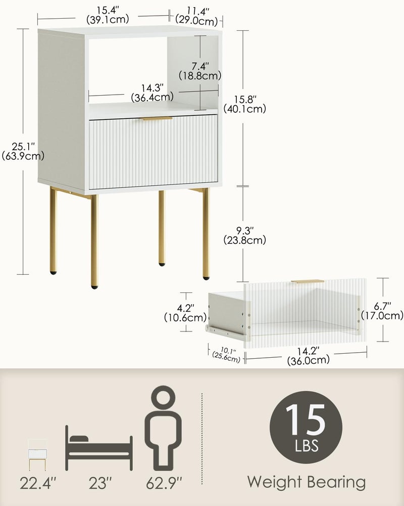 Masupu Night Stand, Mid-Century Bedside Table with Storage Drawer and Open Wood Shelf, Small Gold Frame Flueted Nightstand, Side Table for Bedroom, Living Room, White(Tall 25'') - Image 3