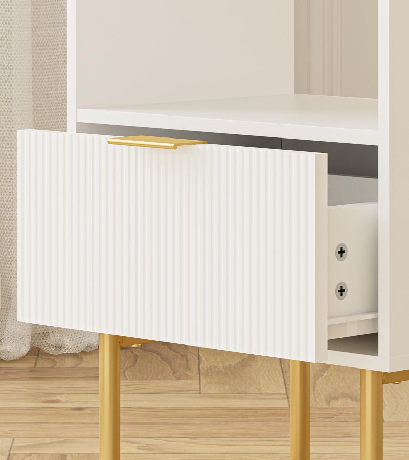 Masupu Night Stand, Mid-Century Bedside Table with Storage Drawer and Open Wood Shelf, Small Gold Frame Flueted Nightstand, Side Table for Bedroom, Living Room, White(Tall 25'') - Image 2