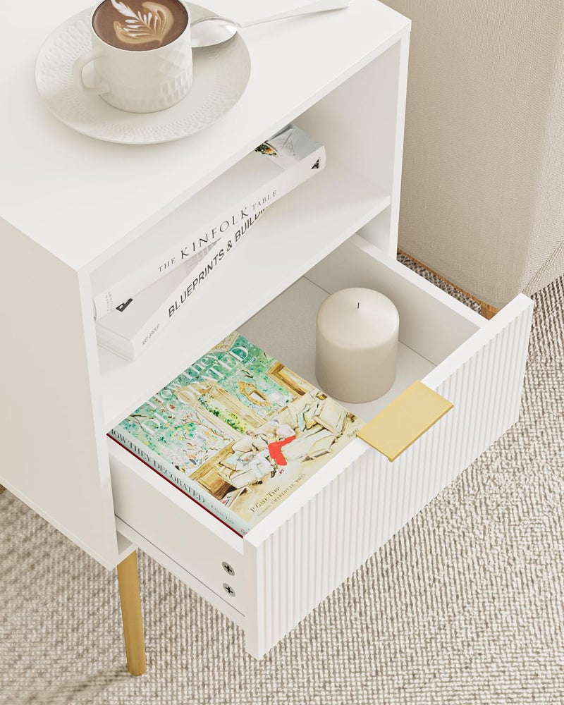 Masupu Night Stand, Mid-Century Bedside Table with Storage Drawer and Open Wood Shelf, Small Gold Frame Flueted Nightstand, Side Table for Bedroom, Living Room, White(Tall 25'') - Image 5