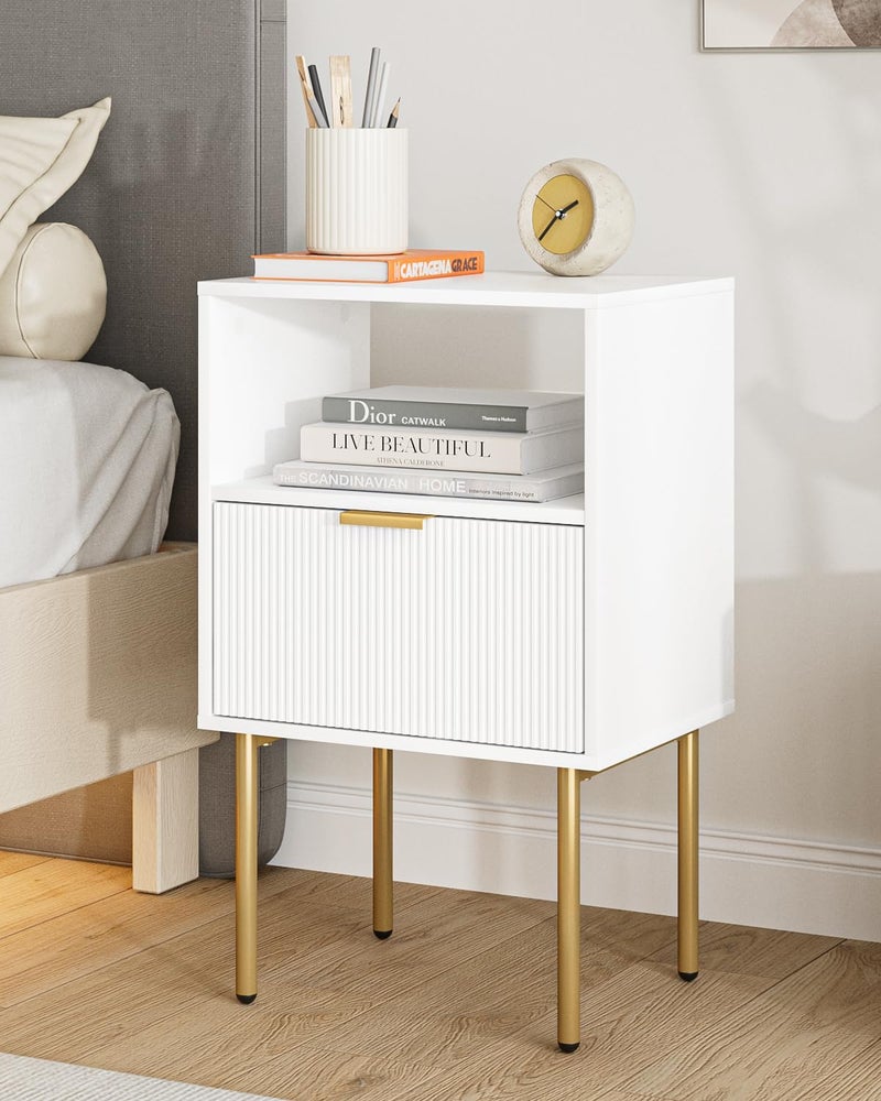 Masupu Night Stand, Mid-Century Bedside Table with Storage Drawer and Open Wood Shelf, Small Gold Frame Flueted Nightstand, Side Table for Bedroom, Living Room, White(Tall 25'') - Image 1