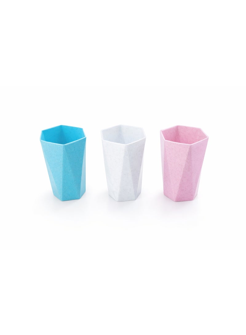 Hexagonal Geometric Shatterproof Plastic Drinking Cups Set - 3 Pieces (Blue, White, Pink) - Image 1