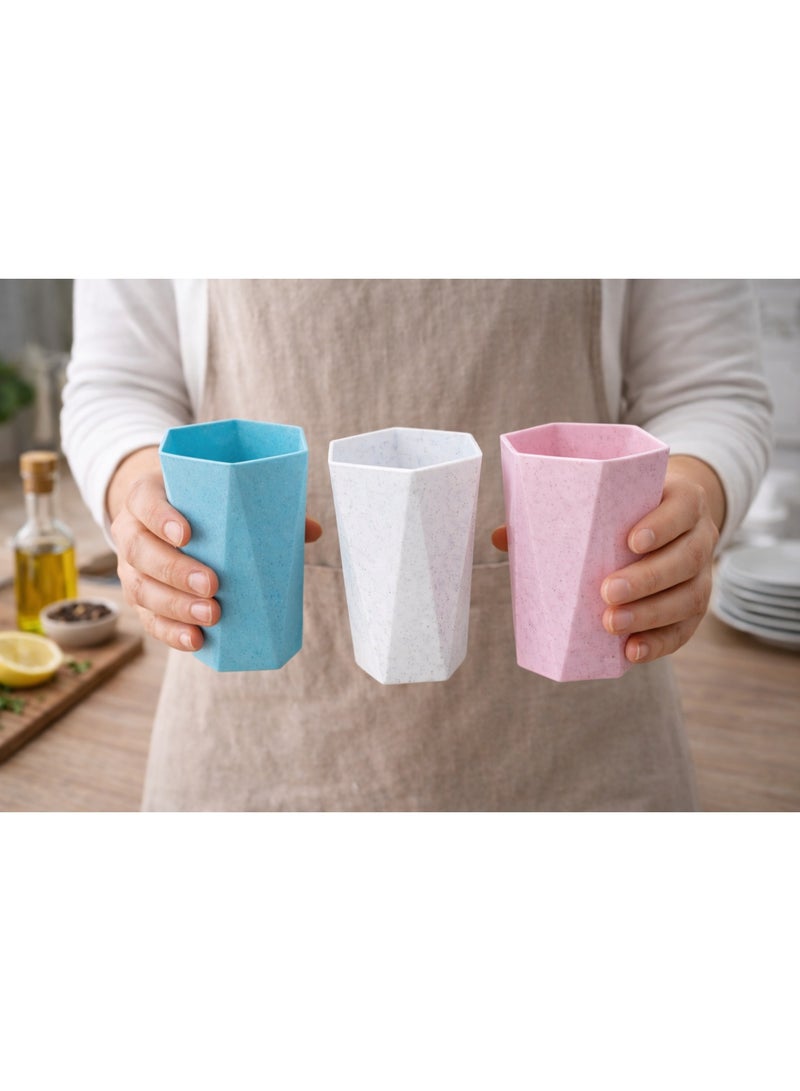 Hexagonal Geometric Shatterproof Plastic Drinking Cups Set - 3 Pieces (Blue, White, Pink) - Image 2