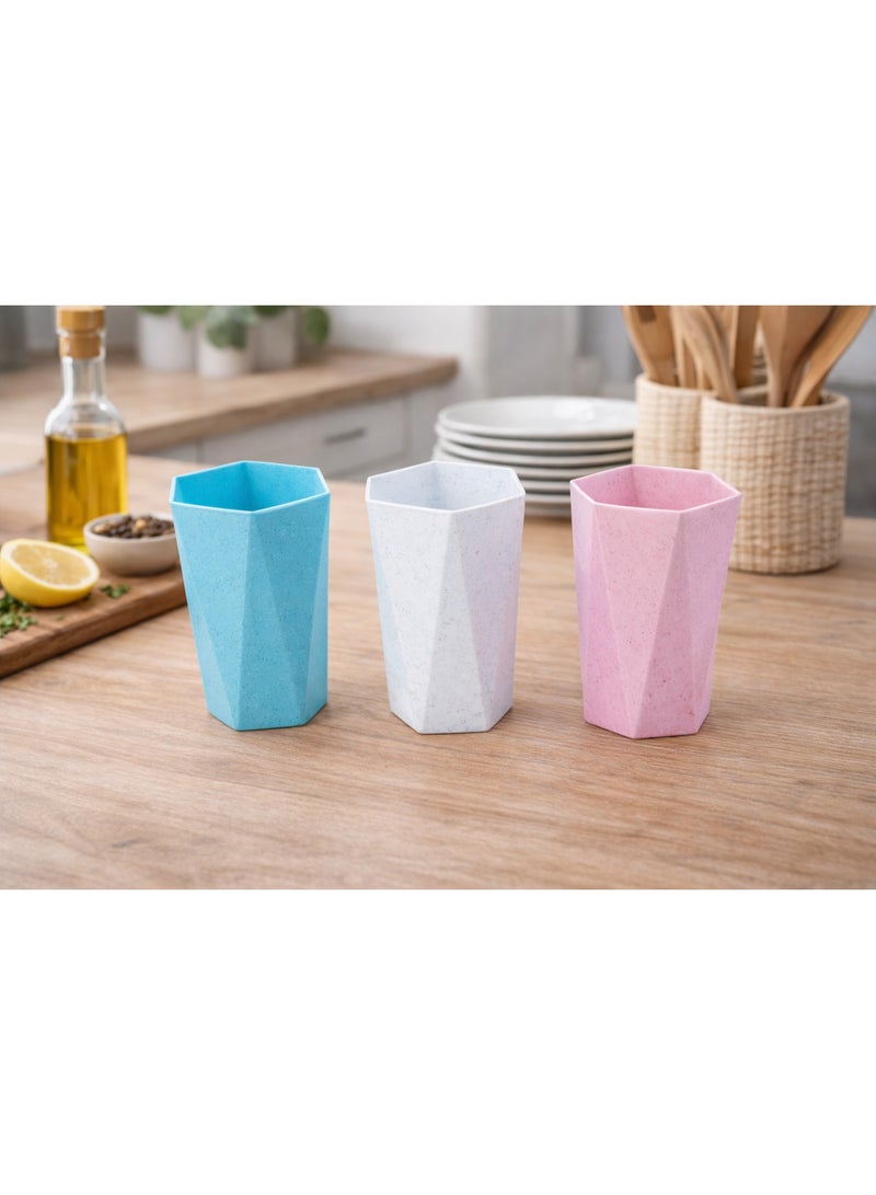 Hexagonal Geometric Shatterproof Plastic Drinking Cups Set - 3 Pieces (Blue, White, Pink) - Image 3