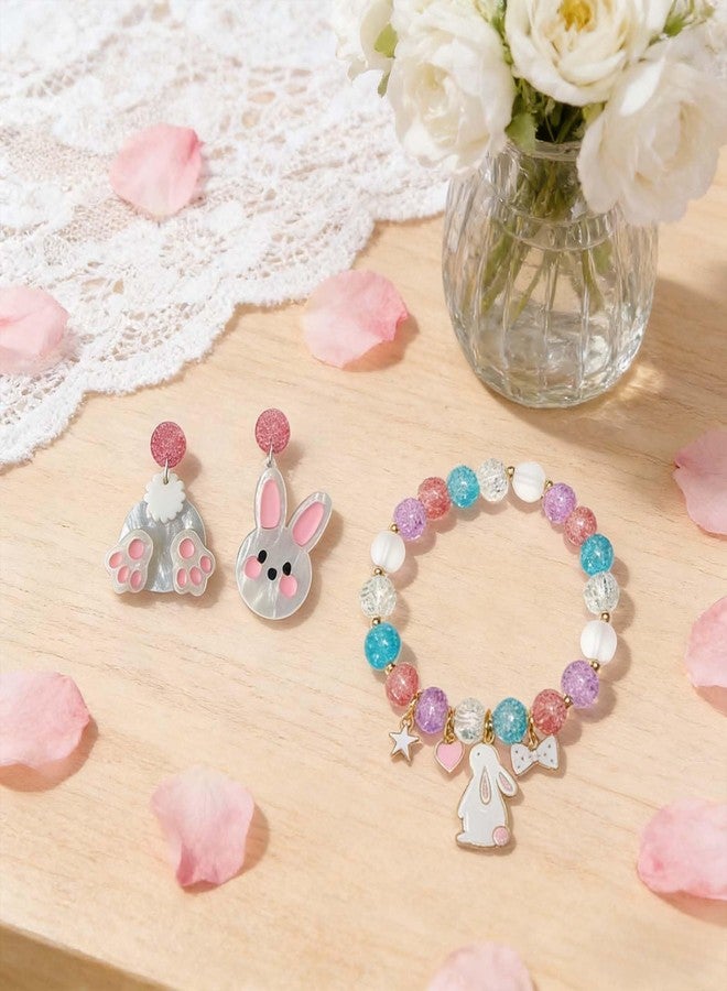 EHRGK Easter Earrings and Bunny Bracelet Set for Women, Cute Acrylic Rabbit Dangle Earrings & Clay Bead Stretch Bracelets, Festive Easter Jewelry Gifts & Outfit Accessories, Bunny Gifts for Teens Adults - Image 4