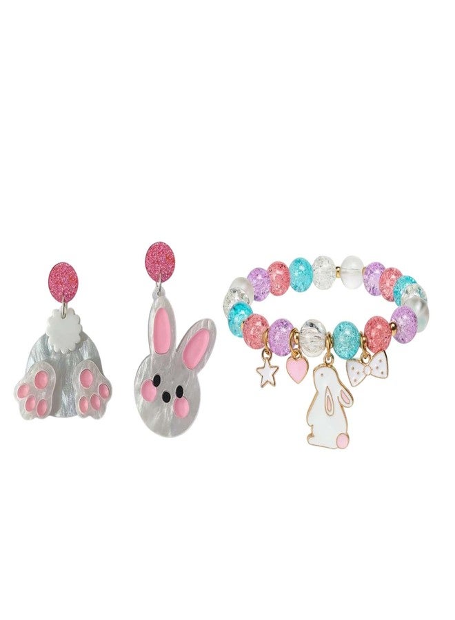 EHRGK Easter Earrings and Bunny Bracelet Set for Women, Cute Acrylic Rabbit Dangle Earrings & Clay Bead Stretch Bracelets, Festive Easter Jewelry Gifts & Outfit Accessories, Bunny Gifts for Teens Adults - Image 1