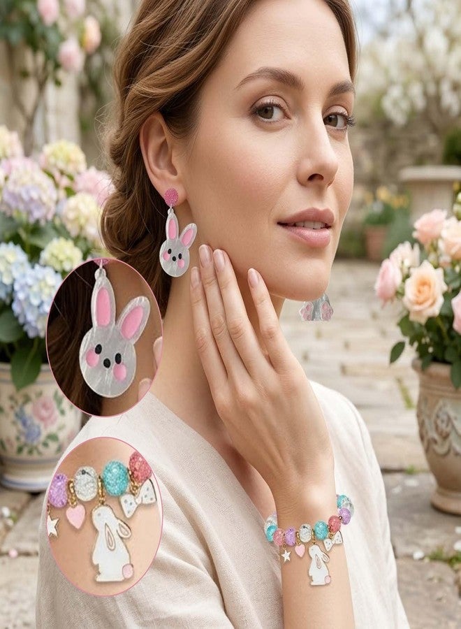 EHRGK Easter Earrings and Bunny Bracelet Set for Women, Cute Acrylic Rabbit Dangle Earrings & Clay Bead Stretch Bracelets, Festive Easter Jewelry Gifts & Outfit Accessories, Bunny Gifts for Teens Adults - Image 3