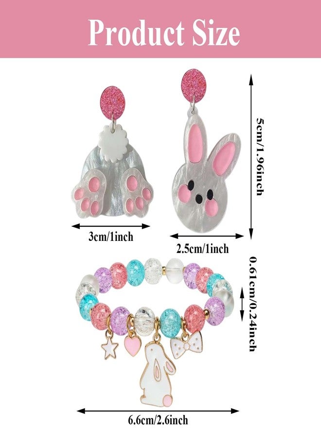 EHRGK Easter Earrings and Bunny Bracelet Set for Women, Cute Acrylic Rabbit Dangle Earrings & Clay Bead Stretch Bracelets, Festive Easter Jewelry Gifts & Outfit Accessories, Bunny Gifts for Teens Adults - Image 2