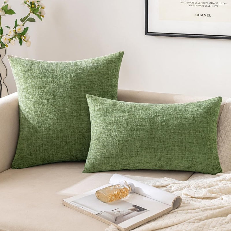 EMEMA 20"x20" Inch Pillow Covers Set of 2 Soft Chenille Throw Pillow Covers Decorative Couch Square Pillow Covers Modern Solid Dyed Pillowcases for Sofa Bed Green 50x50cm(Only Covers) - Image 2