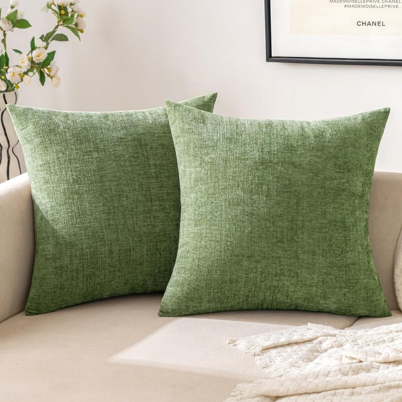 EMEMA 20"x20" Inch Pillow Covers Set of 2 Soft Chenille Throw Pillow Covers Decorative Couch Square Pillow Covers Modern Solid Dyed Pillowcases for Sofa Bed Green 50x50cm(Only Covers) - Image 1