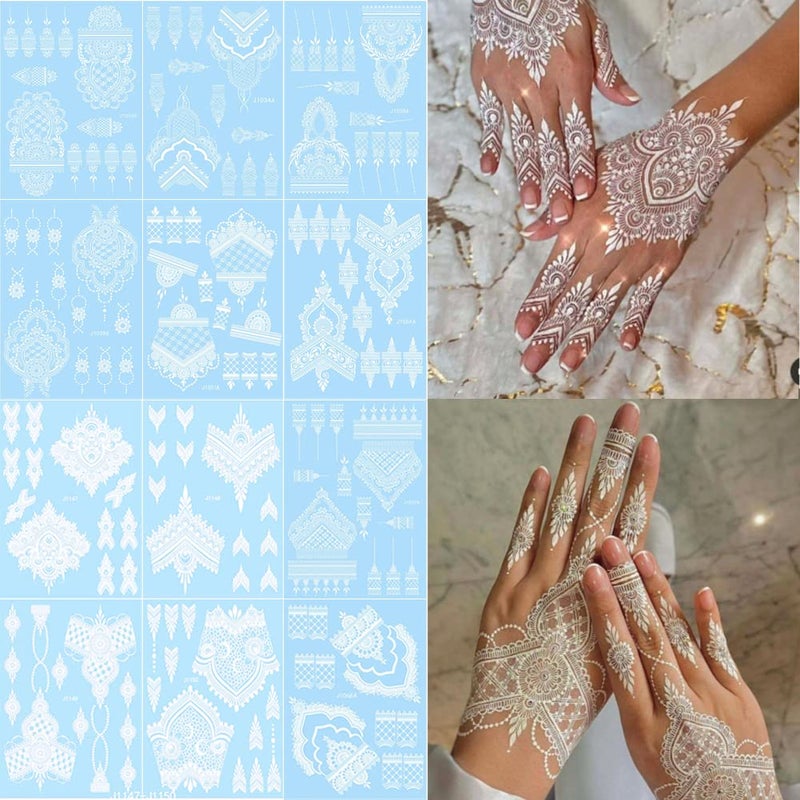 Xmasir 12 Sheets White Henna Tattoo Kit Waterproof Henna Tattoo Stickers for Women Wedding Party Temporary Sticker (White) - Image 1