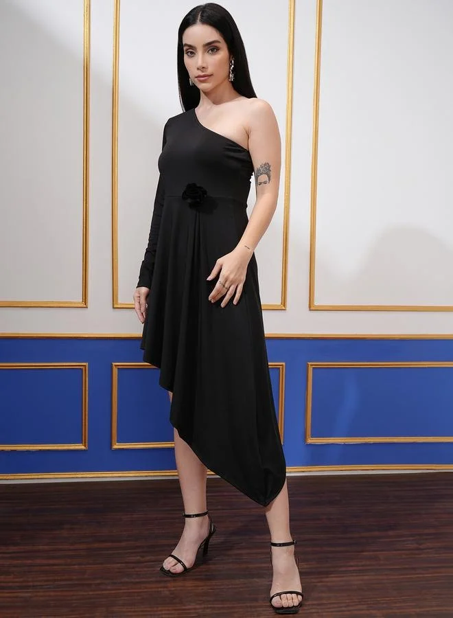 Tokyo Talkies Tokyo Talkies Solid One Shoulder Asymmetric Hem Midi Dress