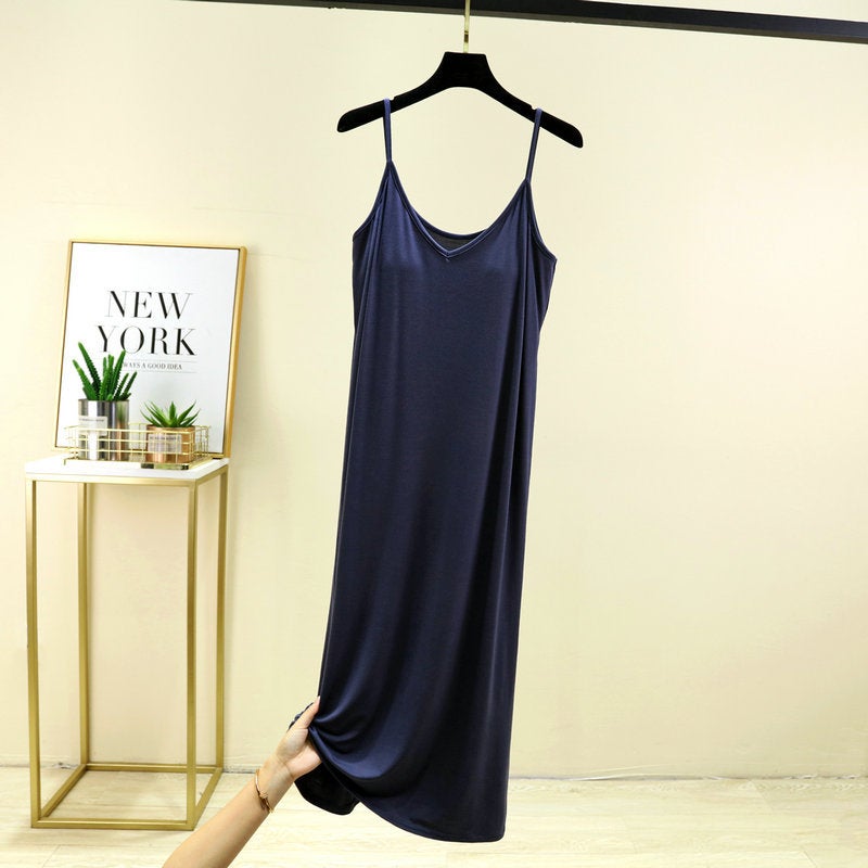 Womens One-piece V-neck Sling Base Skirt with Chest Pad Summer Long Nightgown Home Skirt Outer Wearing Dress denim blue 
