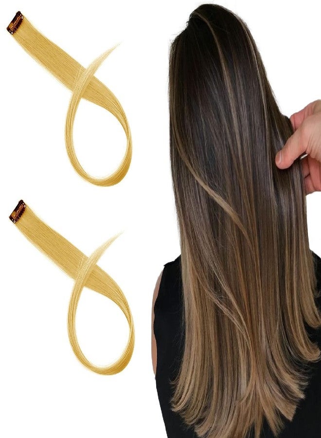 AASA Highlights Clip on in Hair Extensions Colored Hair Streak Synthetic Hairpieces Set of 2Pcs Light Brown - Image 4