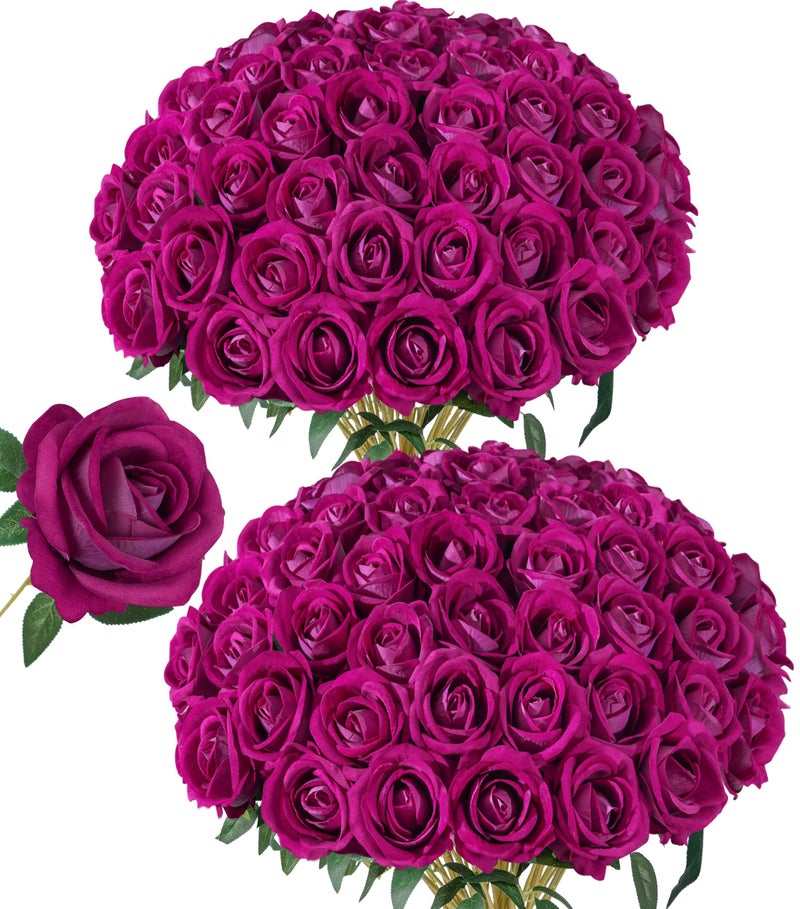 HyeFlora 50 PCS Roses Artificial Flowers, Fake Roses with Stem Realistic Magenta Silk Roses for DIY Wedding Bouquets Table Centerpieces Arrangements Baby Shower Birthday Home Decor Valentine's Day Gift for Her - Image 1