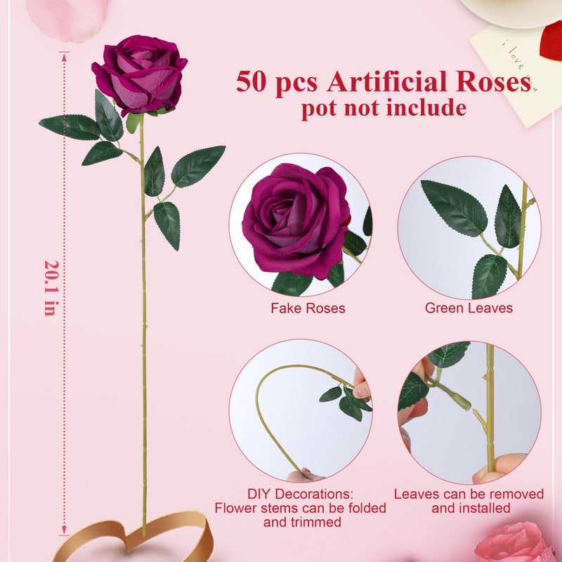 HyeFlora 50 PCS Roses Artificial Flowers, Fake Roses with Stem Realistic Magenta Silk Roses for DIY Wedding Bouquets Table Centerpieces Arrangements Baby Shower Birthday Home Decor Valentine's Day Gift for Her - Image 5