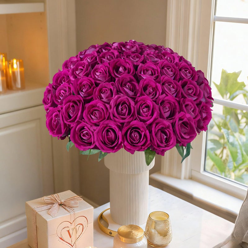 HyeFlora 50 PCS Roses Artificial Flowers, Fake Roses with Stem Realistic Magenta Silk Roses for DIY Wedding Bouquets Table Centerpieces Arrangements Baby Shower Birthday Home Decor Valentine's Day Gift for Her - Image 3
