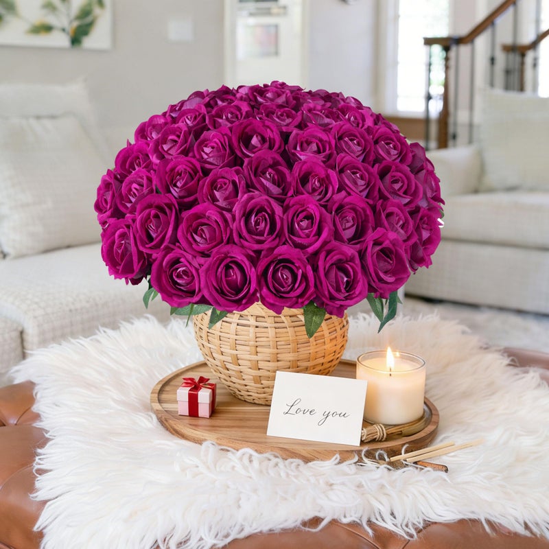 HyeFlora 50 PCS Roses Artificial Flowers, Fake Roses with Stem Realistic Magenta Silk Roses for DIY Wedding Bouquets Table Centerpieces Arrangements Baby Shower Birthday Home Decor Valentine's Day Gift for Her - Image 4