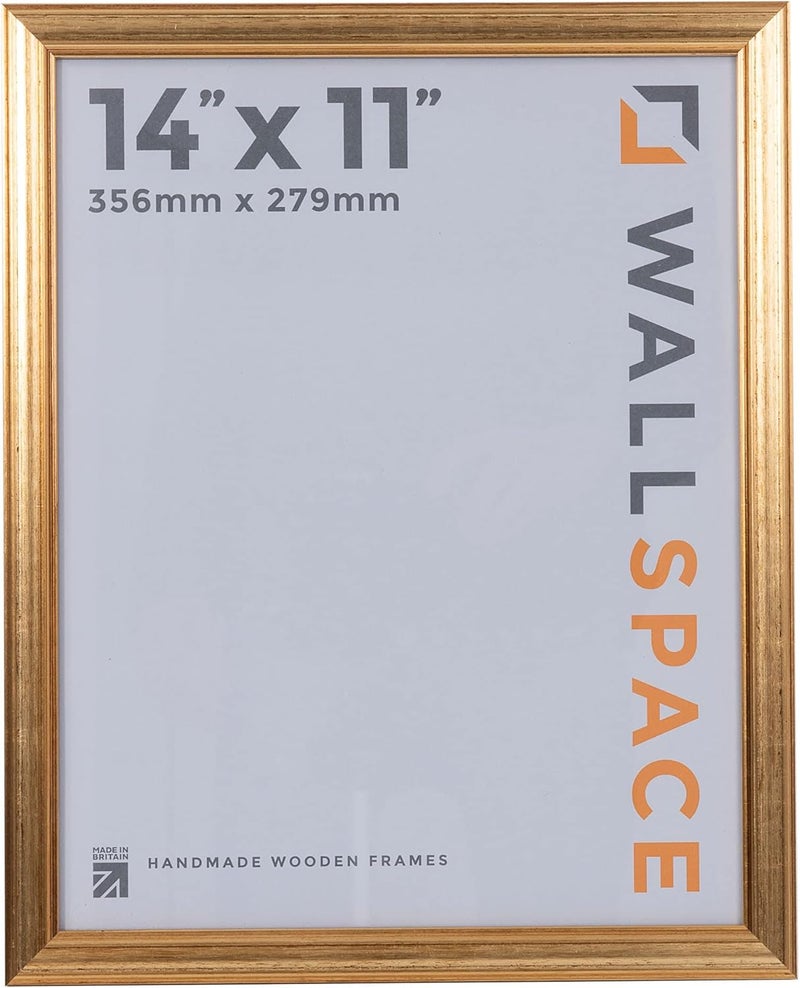 Wall Space 14x11 Gold Picture Frame | Gold 11x14 Photo Frame | 14 x 11 inch | 356x279mm | 35.6x27.9cm | Solid Wood Wooden with Real Glass | Handmade in UK - Image 1