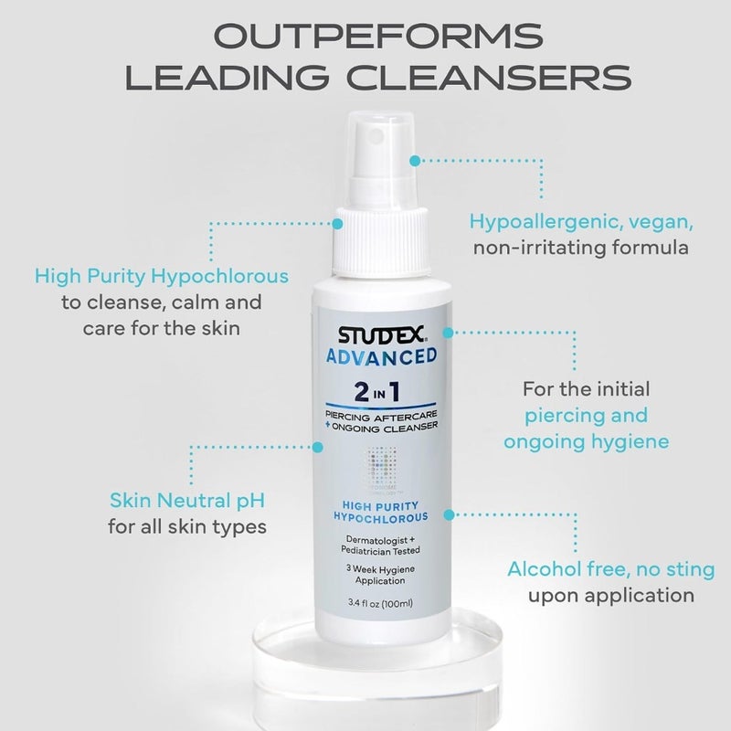Advanced 2-in-1 Piercing Aftercare and Cleanser Hypochlorous Spray for Body and Ear Piercing, Hypoallergenic Formula for Sensitive Skin 3.4oz - Image 3