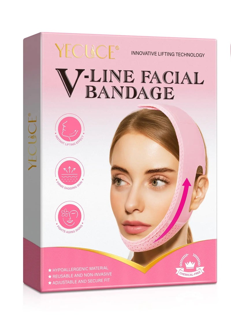 Yecuce V Line Facial Bandage Double Chin Reducer Strap V Shaped Face Chin Up Belt Reduce Sagging and Fights Aging Signs Lift Jawline Face Slimming Patch V Line Face Lifting Mask Light Pink  - Image 1