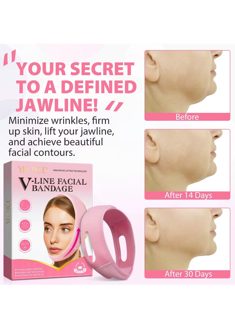 Yecuce V Line Facial Bandage Double Chin Reducer Strap V Shaped Face Chin Up Belt Reduce Sagging and Fights Aging Signs Lift Jawline Face Slimming Patch V Line Face Lifting Mask Light Pink  - Image 2
