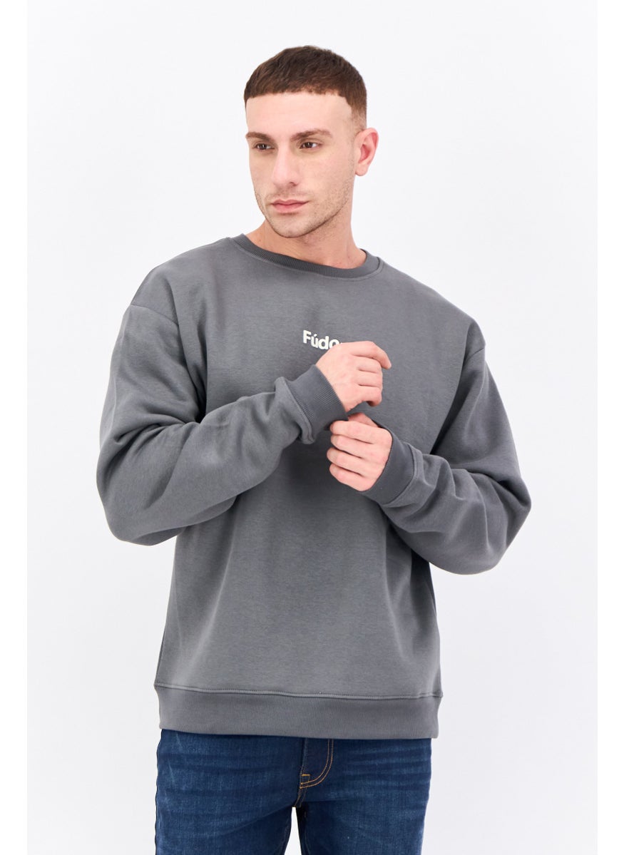 Fudo - Men Crew Neck Brand Logo Long Sleeves Sweatshirt, Grey - Image 1
