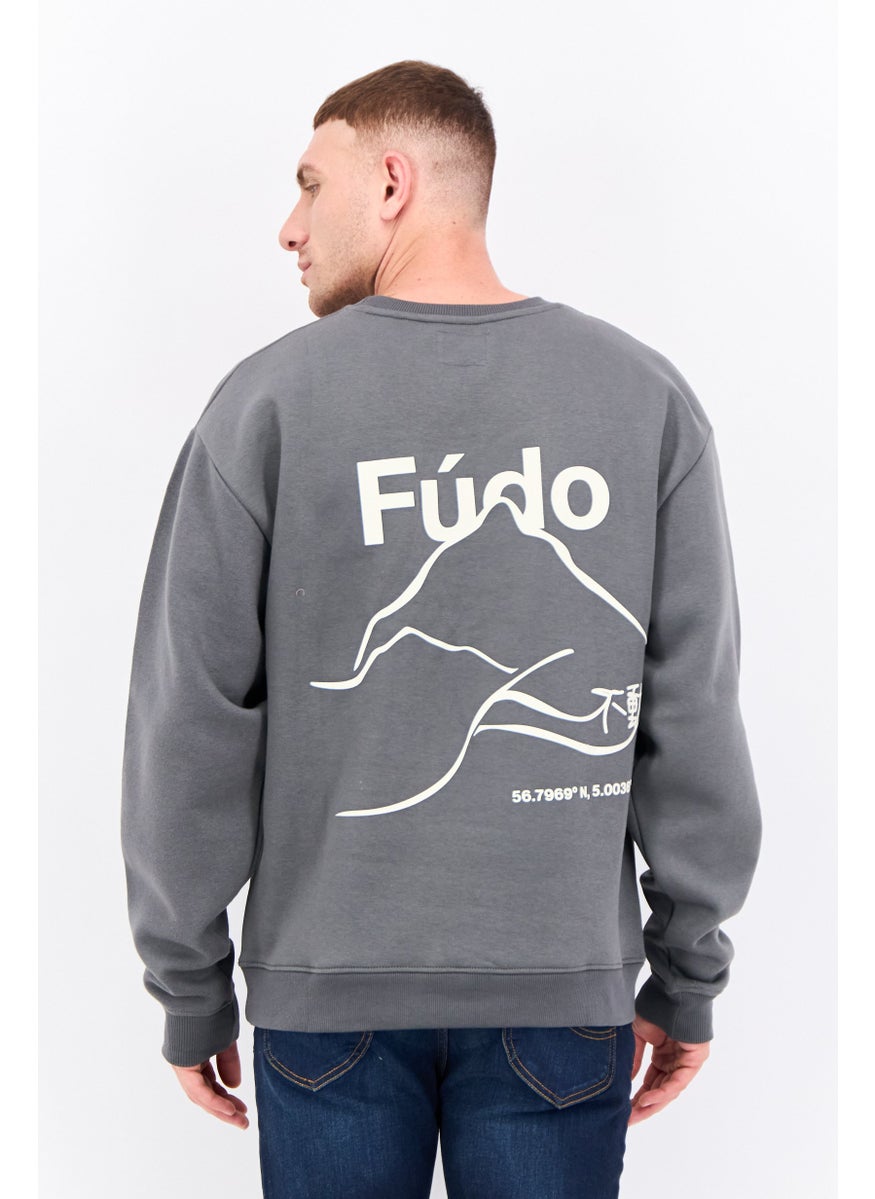Fudo - Men Crew Neck Brand Logo Long Sleeves Sweatshirt, Grey - Image 1