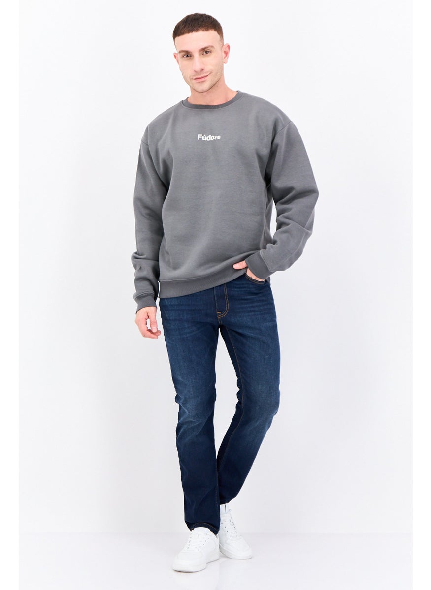 Fudo - Men Crew Neck Brand Logo Long Sleeves Sweatshirt, Grey - Image 1