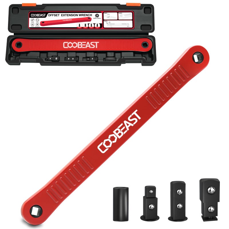 coobeast Red Offset Extension Wrench Impact Ready Socket Wrench Extender Tool with Versatile 14 38 and 12 Square Drive Adapters Universal Extensions Wrench for Small Place - Image 2
