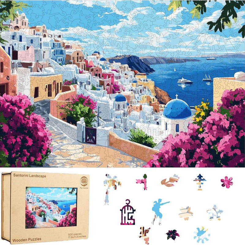 Mys Aurora 500 Pieces Puzzles for Adults Santorini Wooden Puzzles Unique Shaped Jigsaw Puzzle Birthday Scenery Gift Challenging Family Game for Kids and Adults 178 113 inch - Image 3