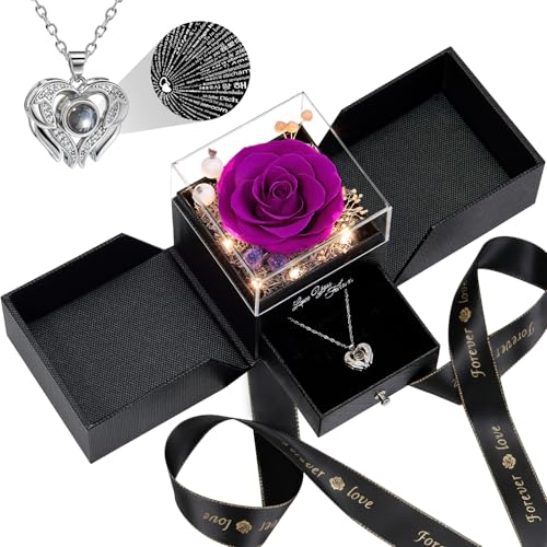 FIACO Gifts for Mom Preserved Real Roses with I Love You Necklace Fresh Forever Flowers Mothers Day Flower Gifts for Women Grandma Anniversary Birthday Gift for Girlfriend Wife Daughter - Image 1