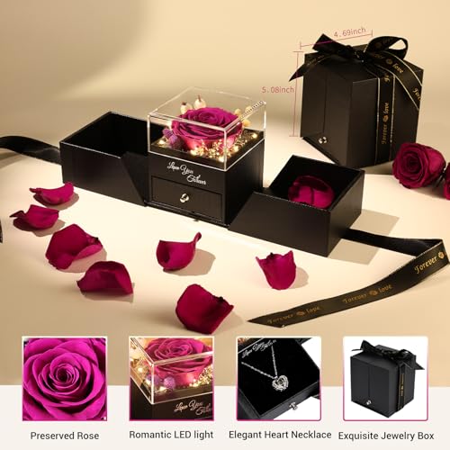FIACO Gifts for Mom Preserved Real Roses with I Love You Necklace Fresh Forever Flowers Mothers Day Flower Gifts for Women Grandma Anniversary Birthday Gift for Girlfriend Wife Daughter - Image 2
