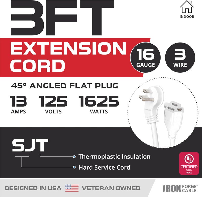 IRON FORGE CABLE 2 Pack of 3 Ft Extension Cords with 45° Angled Flat Plug - 16/3 SJT Low Profile Durable White Indoor Cable - Image 2
