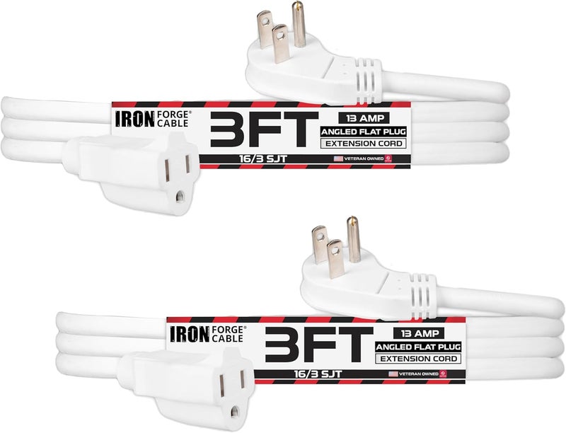 IRON FORGE CABLE 2 Pack of 3 Ft Extension Cords with 45° Angled Flat Plug - 16/3 SJT Low Profile Durable White Indoor Cable - Image 1