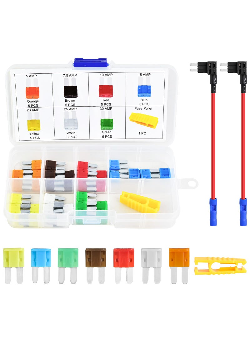 MuHize MuHize Micro2 Fuses with Fuse Taps, Upgraded 35 PCS Micro2 Blade Fuses, with 2 Add-a-Circuit Fuse Tap Adapters for Car Boat Truck SUV RV (5, 7.5, 10, 15, 20, 25 & 30 AMP) with Puller Tool  - Image 1